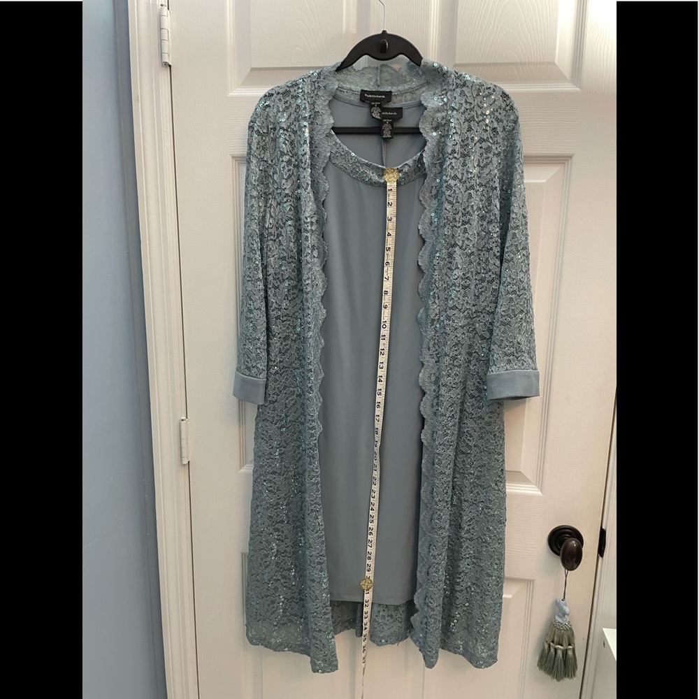 2 piece dress set size 6 dress w/ matching sheer coat silver blue color women’s